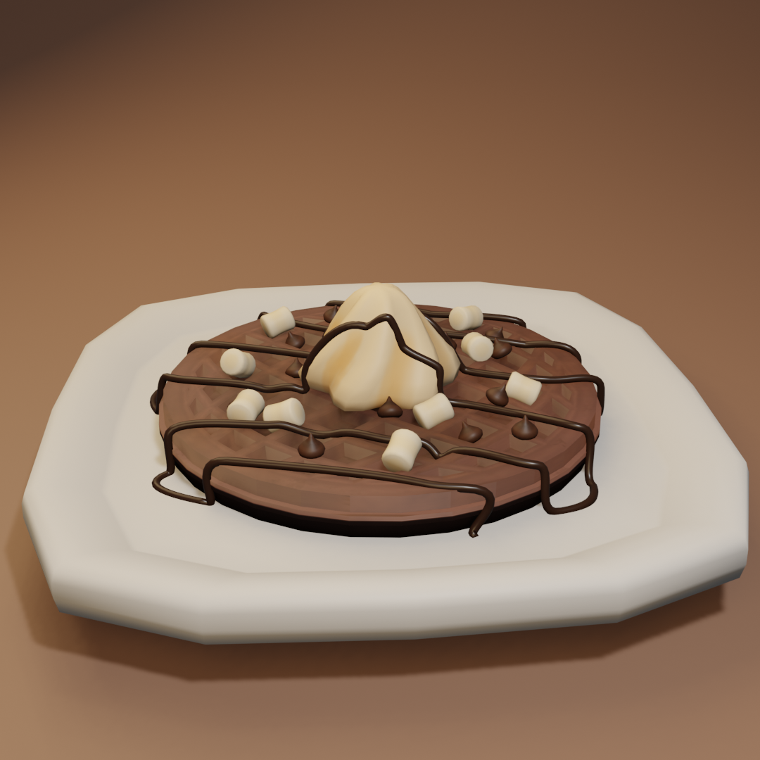 A 3D render of a chocolate waffle topped with whipped cream, marshmallows, chocolate chips, and a chocolate syrup drizzle