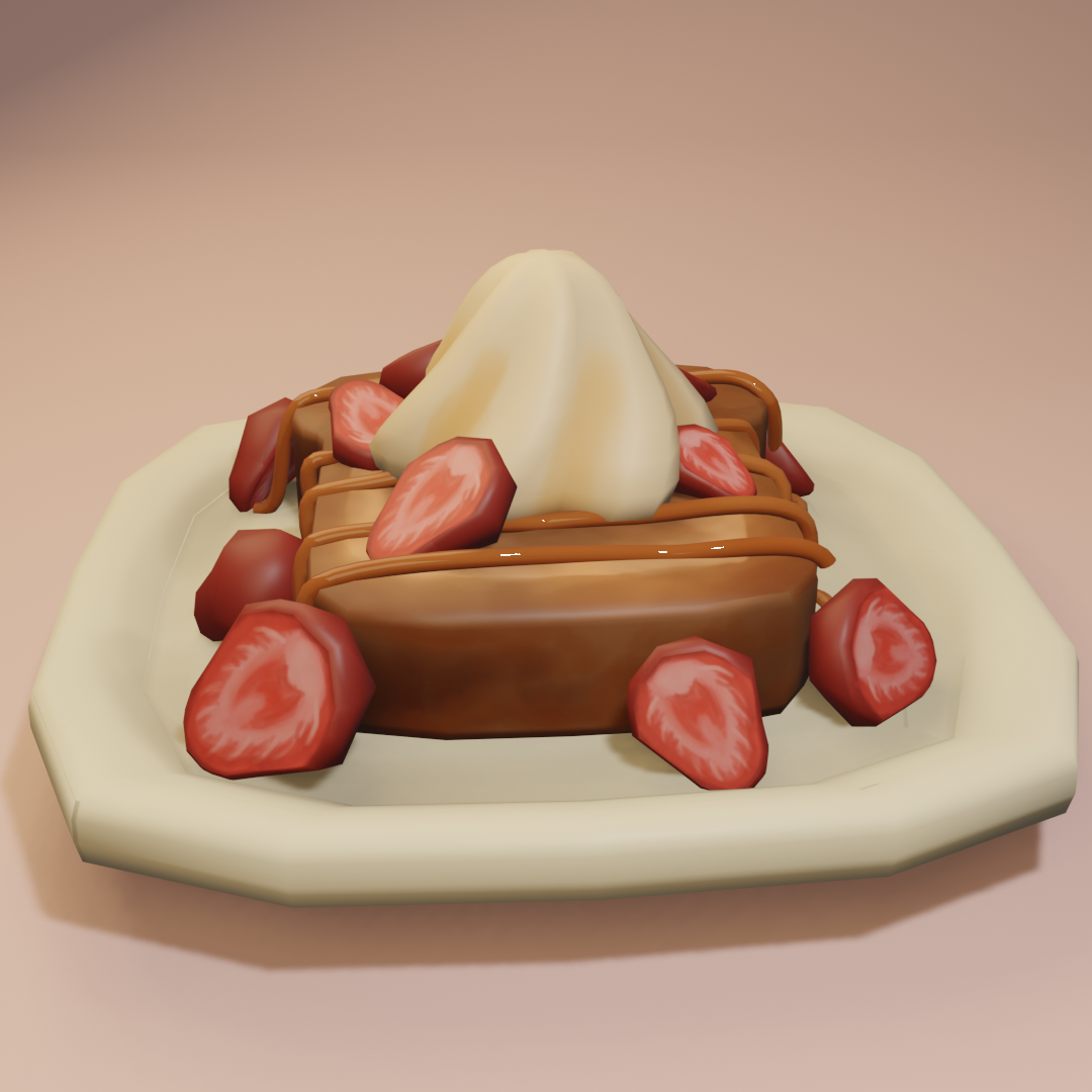 A 3D render of French toast topped with strawberries and a syrup drizzle
