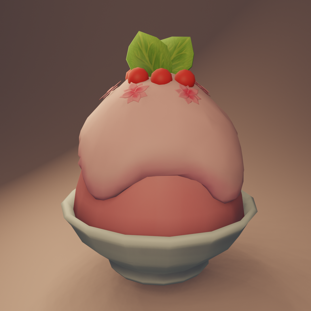 A 3D render of a bowl of pink, strawberry-flavored shaved ice covered in a syrup, red berries, and decorative flowers and leaves